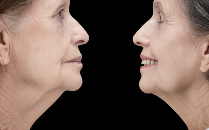 Before-after facial profiles showing VDO restoration effects
