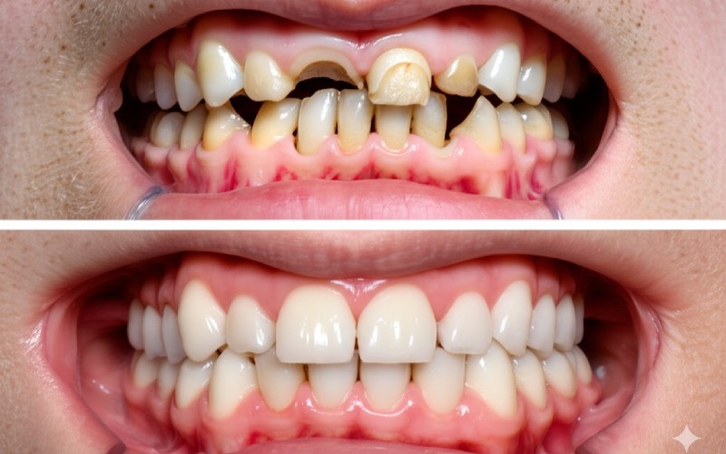 Before and after same-day dental implant restoration