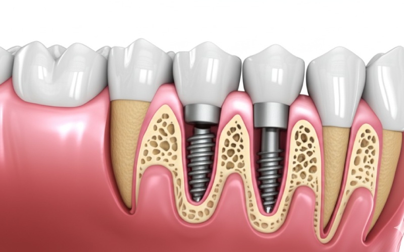 Cross-section of dental implants fused with jawbone