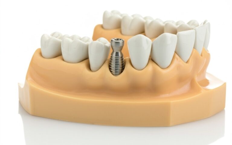 Dental implant with impression coping in model jaw