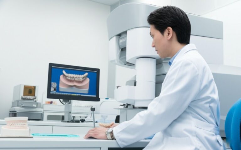 Dental lab technician using modern digital equipment