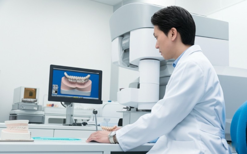 Dental lab technician using modern digital equipment