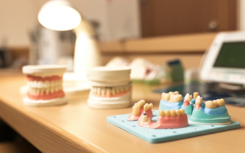 Dental prosthetic alternatives displayed in professional laboratory setting