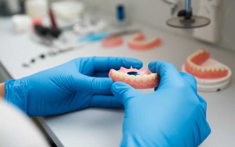Dental technician crafting pink denture