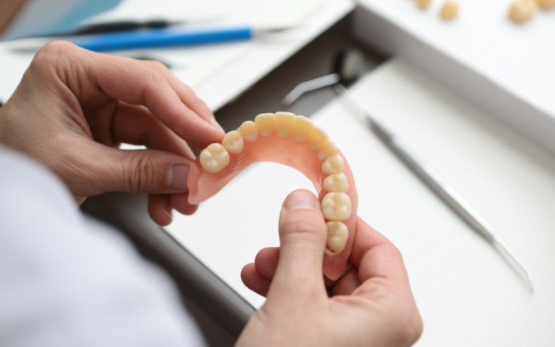 Dental technician crafting porcelain dentures