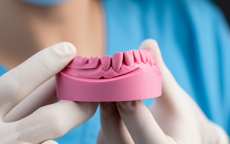 Dentist adjusting wax rim model