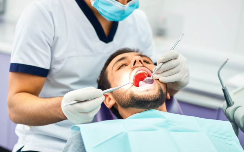 Dentist performing same-day dental implant procedure