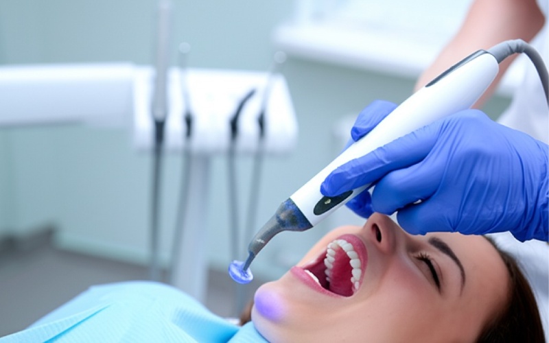 Dentist using intraoral scanner for digital impressions