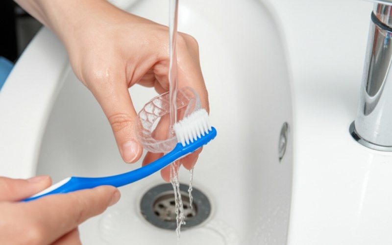 Person cleaning dental night guard with soft brush