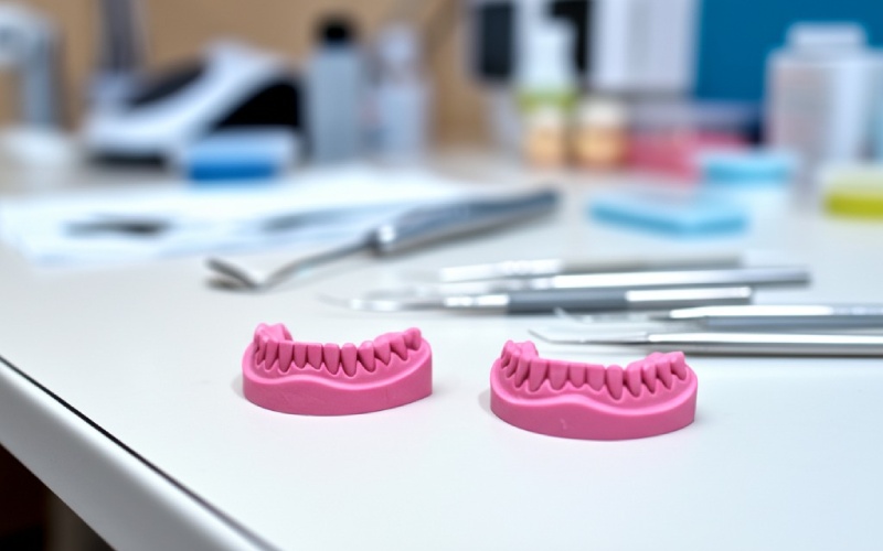 Pink wax rim models on dental workstation