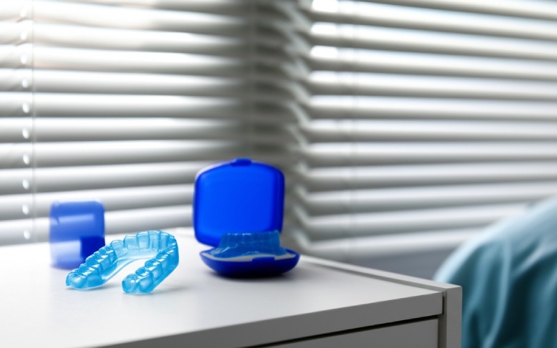 Snoring mouthguard on nightstand in peaceful bedroom