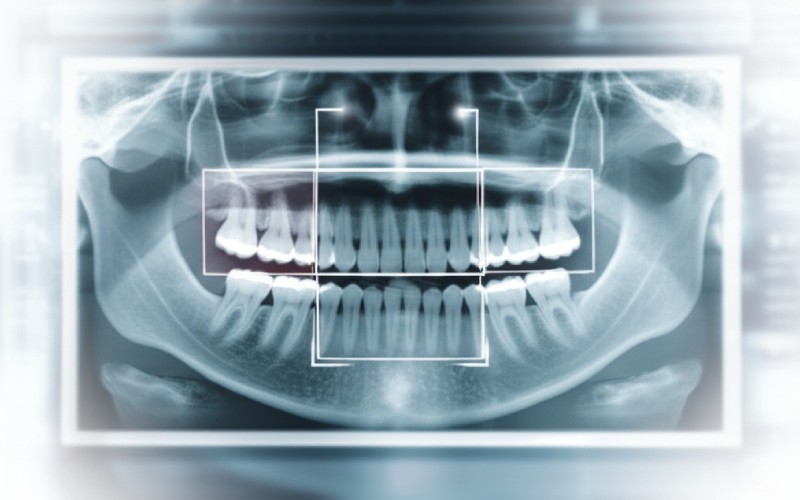 AI analyzing dental radiograph with pattern recognition