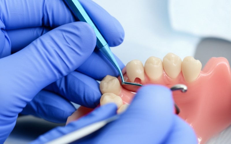 Dentist hands placing dental crown