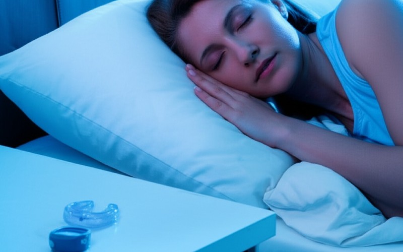 Person sleeping with oral appliance device nearby