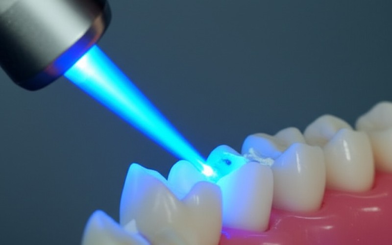 A dental curing light hardening a tooth