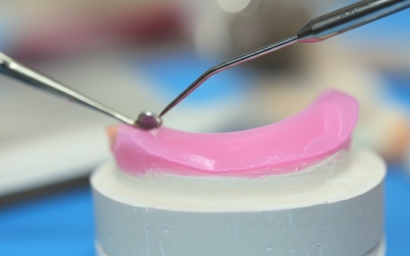 A dental tool sculpting a denture wax rim