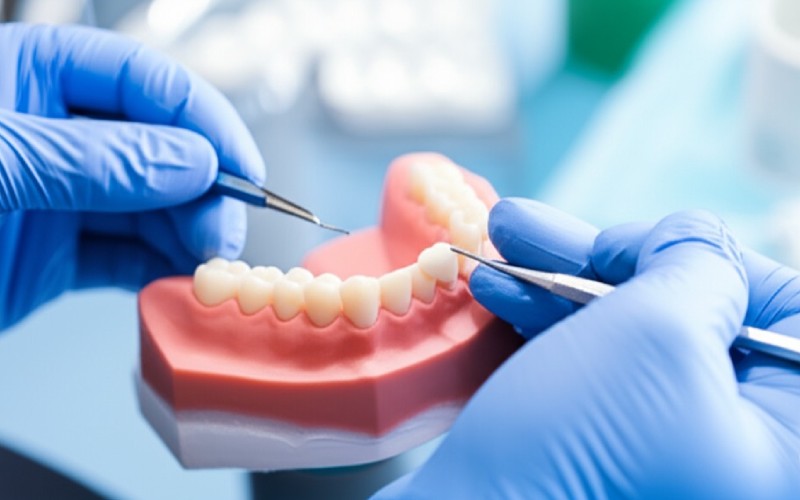 A dentist applying composite to a tooth model