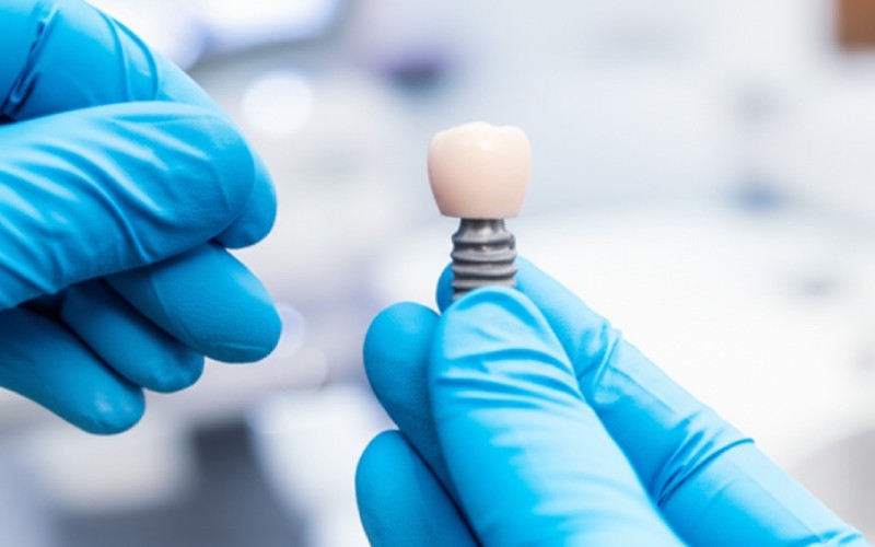 A dentist holding a dental implant