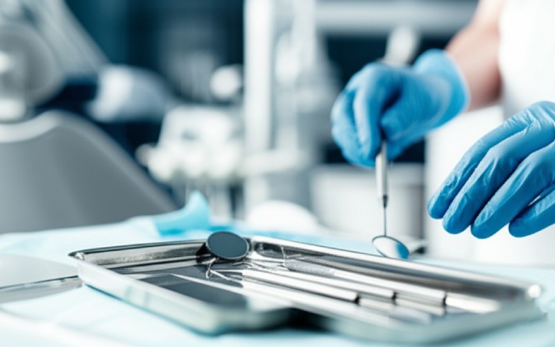 A dentist's hands with sterile tools