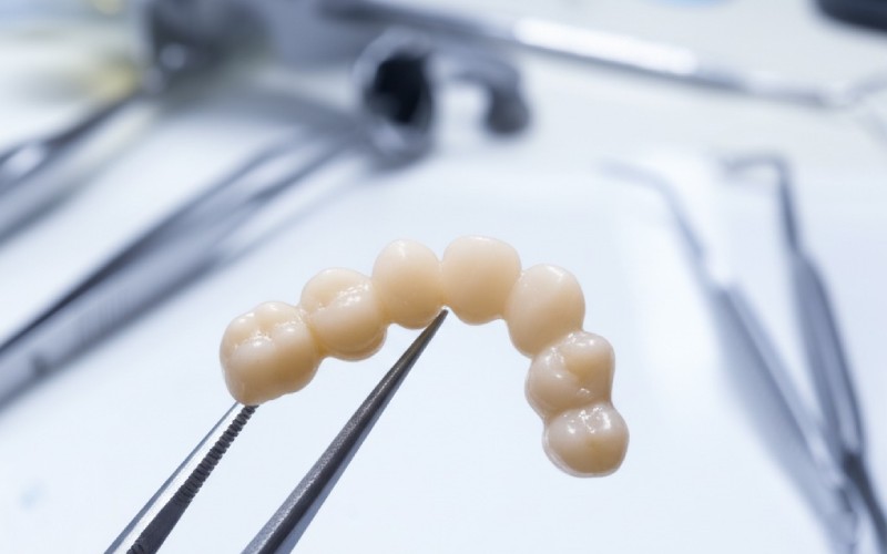 A finished porcelain dental bridge