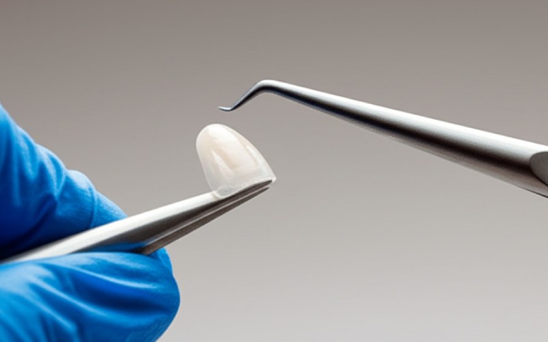 A gloved hand holding a single, ultra-thin dental veneer