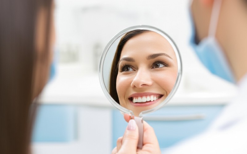 A happy patient looking at her new smile in a mirror