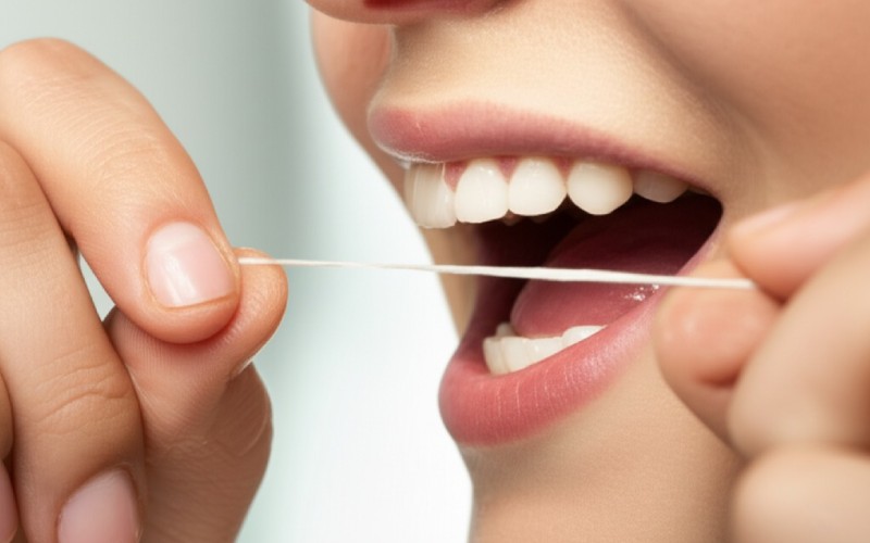 A person flossing their teeth