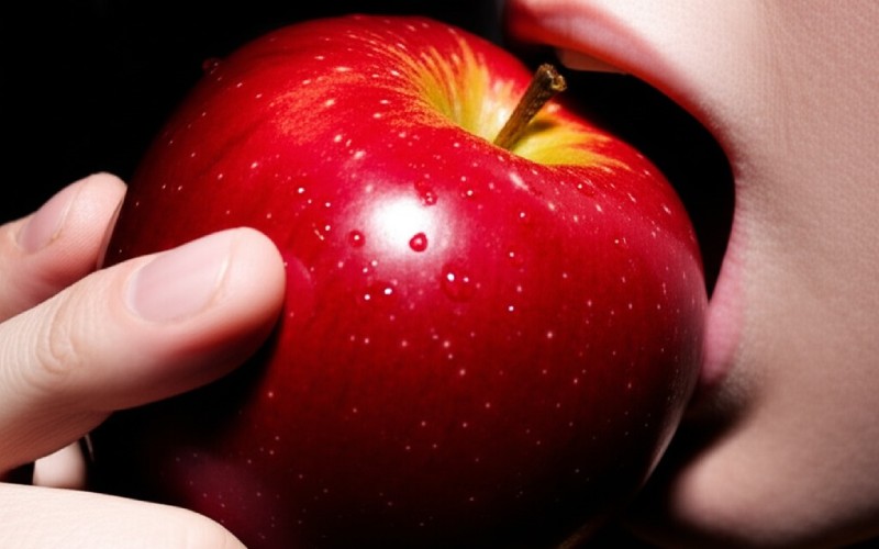 A person happily biting into an apple