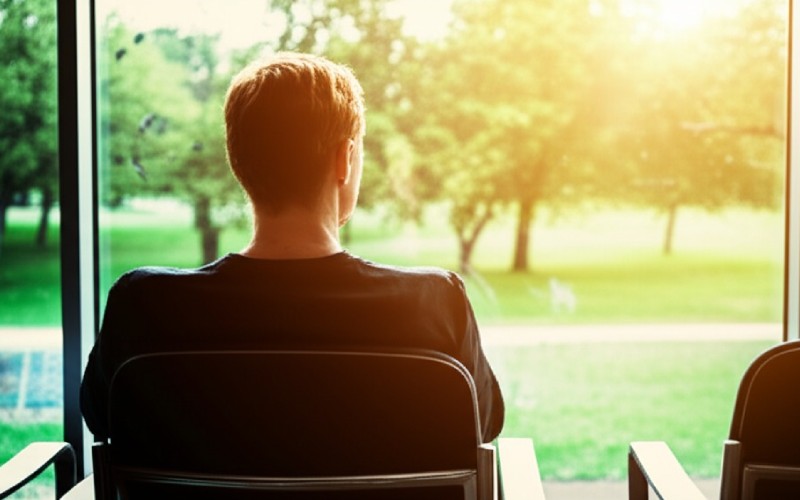 A relieved person looking out a sunny window