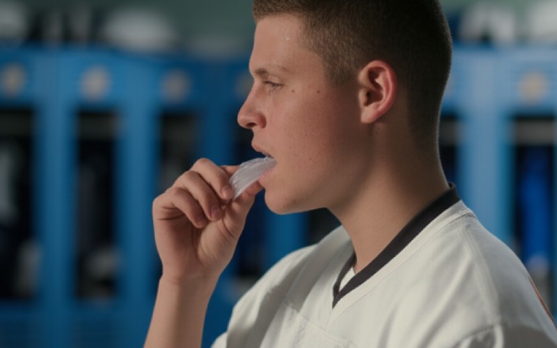 Athlete putting in a sports mouthguard