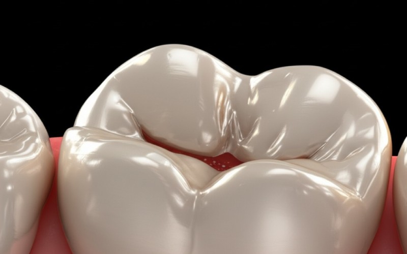 Close-up of food debris in the groove of a molar