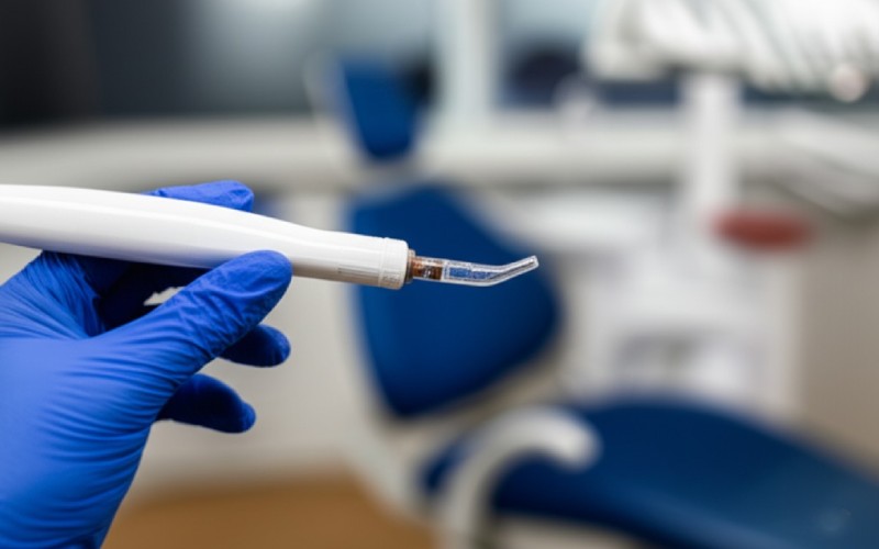 Close-up view of a modern intraoral camera wand