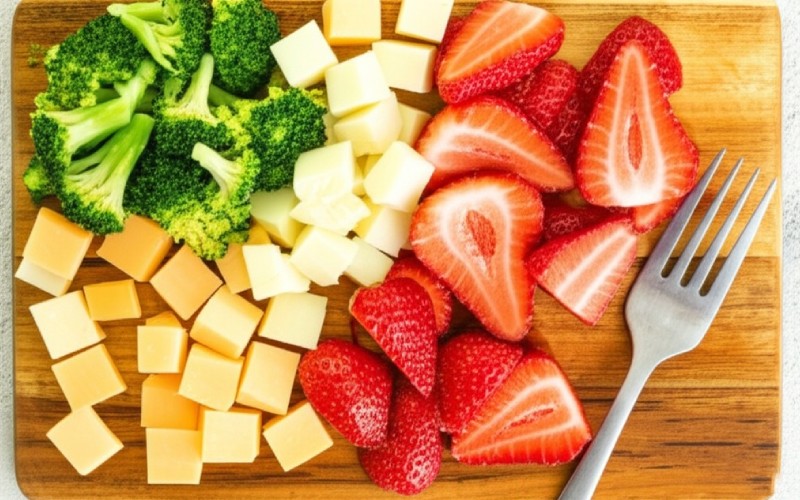 Colorful, braces-friendly foods cut into small pieces