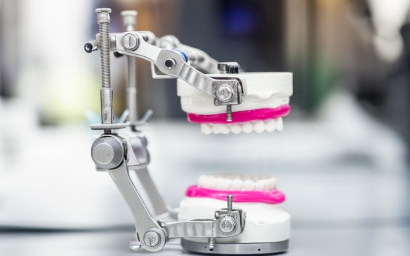 Dental casts with wax rims on an articulator