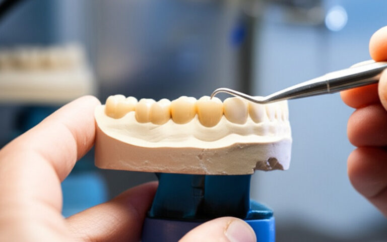 Dental technician crafting a ceramic crown