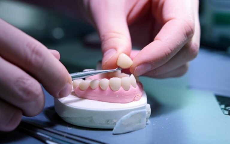 Dental technician crafting a denture