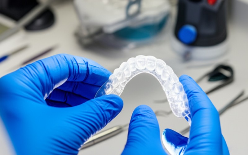 Dental technician inspecting a night guard
