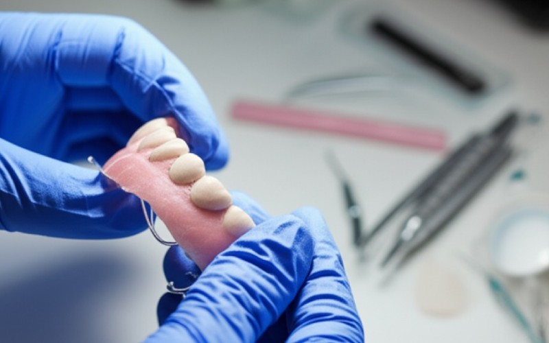 Dental technician performing a professional denture repair