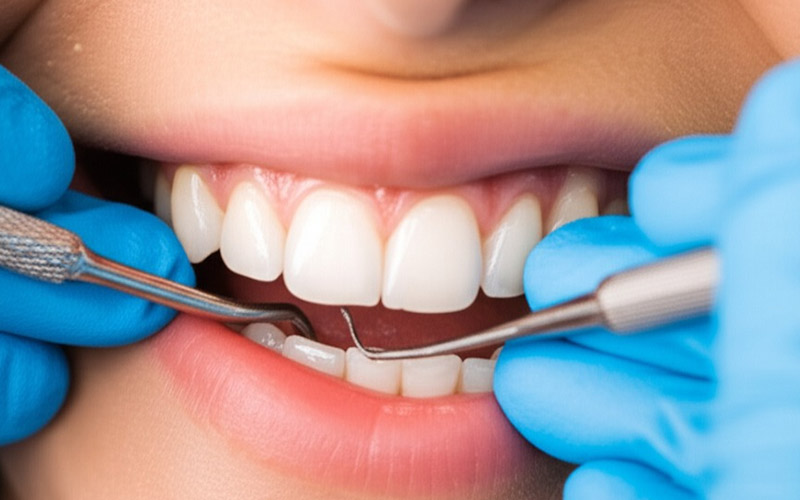 Dentist examining patient's gums