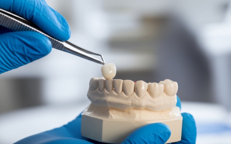 Dentist fitting a zirconia crown