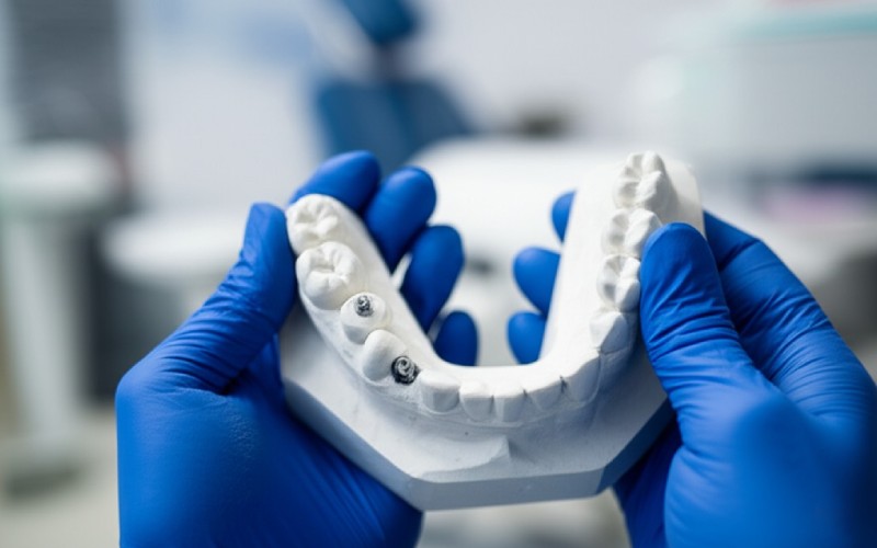 Dentist holding a dental implant model