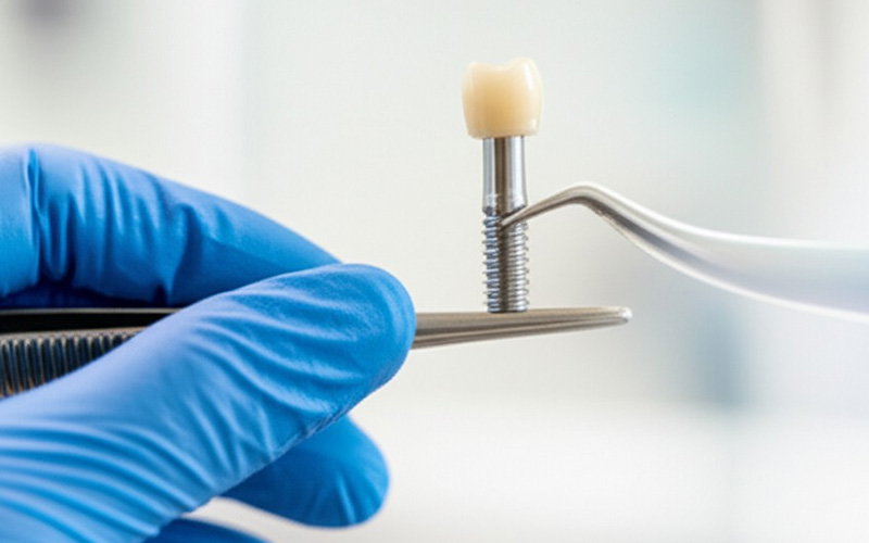 Dentist holding a dental implant
