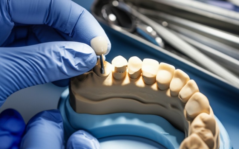 Dentist placing a dental crown model