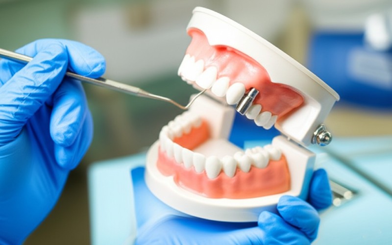 Dentist showing a dental implant model