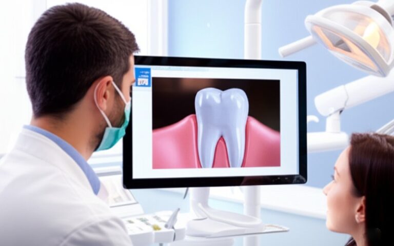 Dentist showing a patient an intraoral image on a screen