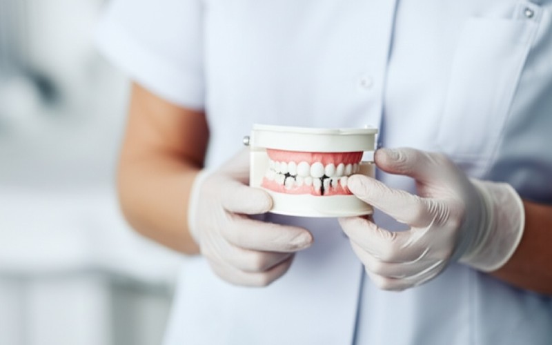 Dentist's hands holding a dental implant model