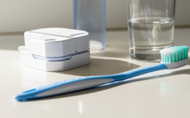 Denture care products on a clean counter