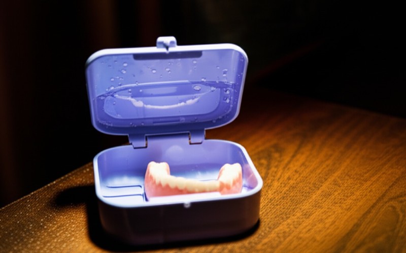Denture soaking in a cleaning case overnight