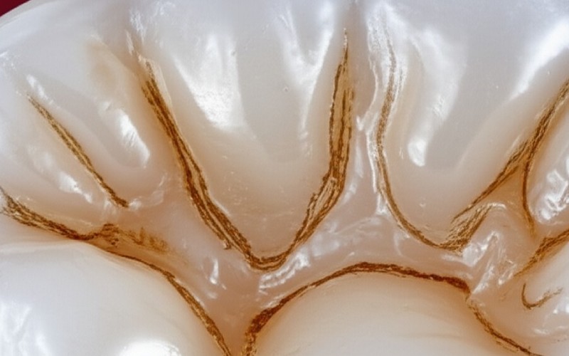 Detaljeret makrovisning af en kindtands furer