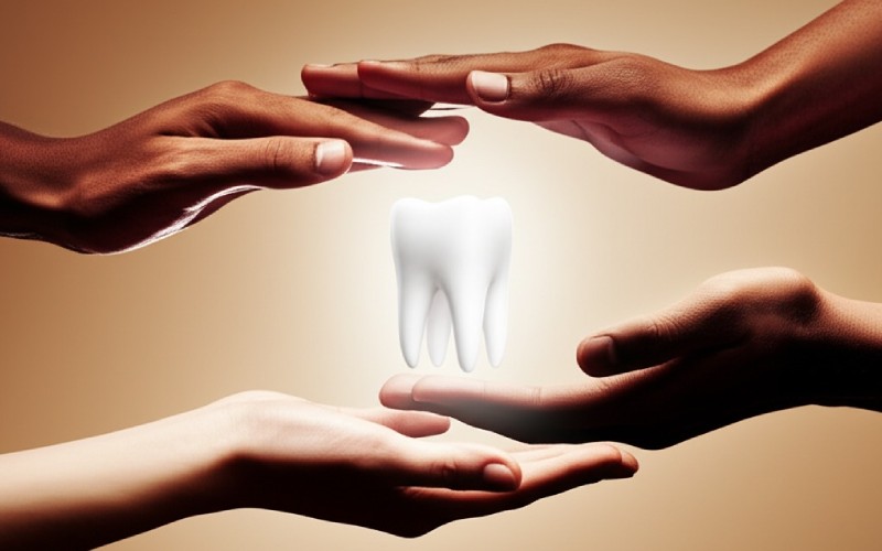 Diverse hands supporting a single tooth